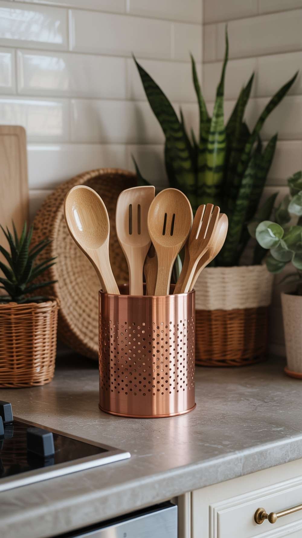Copper utensil holder with wooden utensils on a kitchen countertop