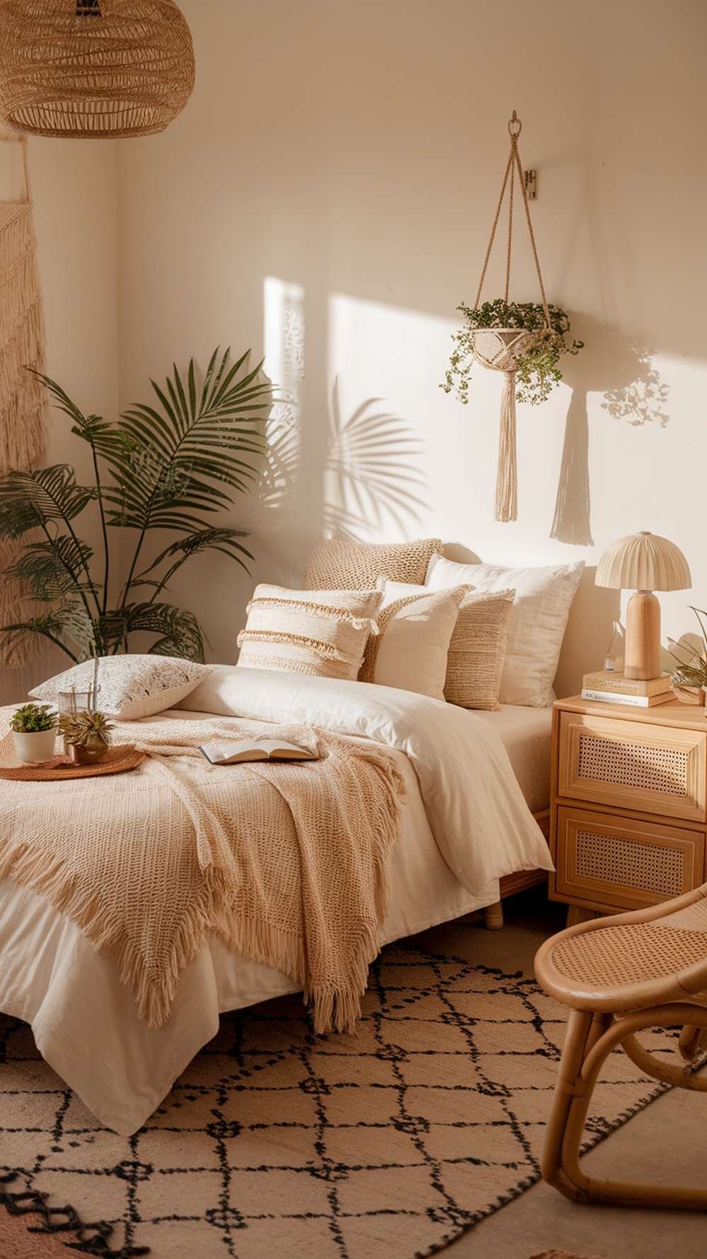 A cozy bedroom featuring natural textures, including a woven blanket, various pillows, and plants.