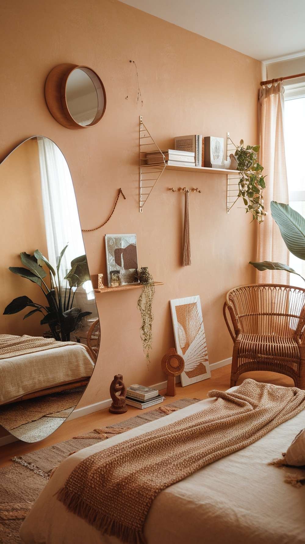 A warm bedroom with a large mirror, peach walls, plants, and Bohemian decor elements.