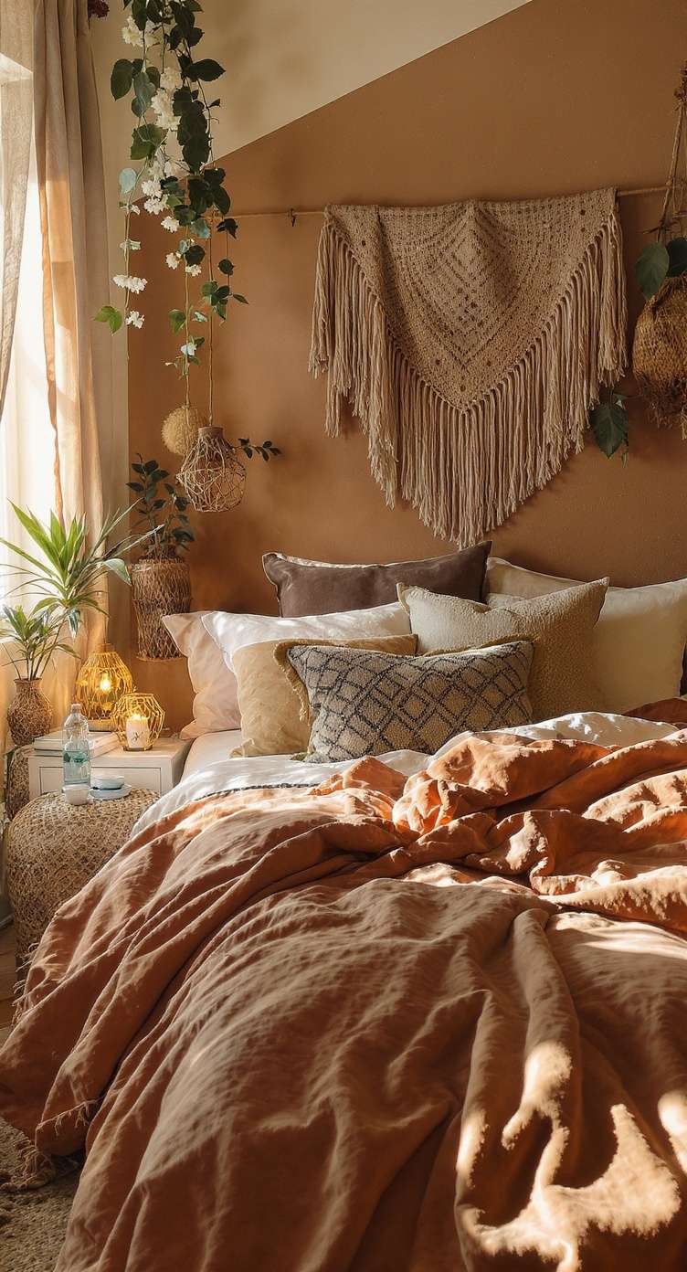 A cozy bed with layered bedding in warm tones, featuring various pillows and throws, surrounded by plants.