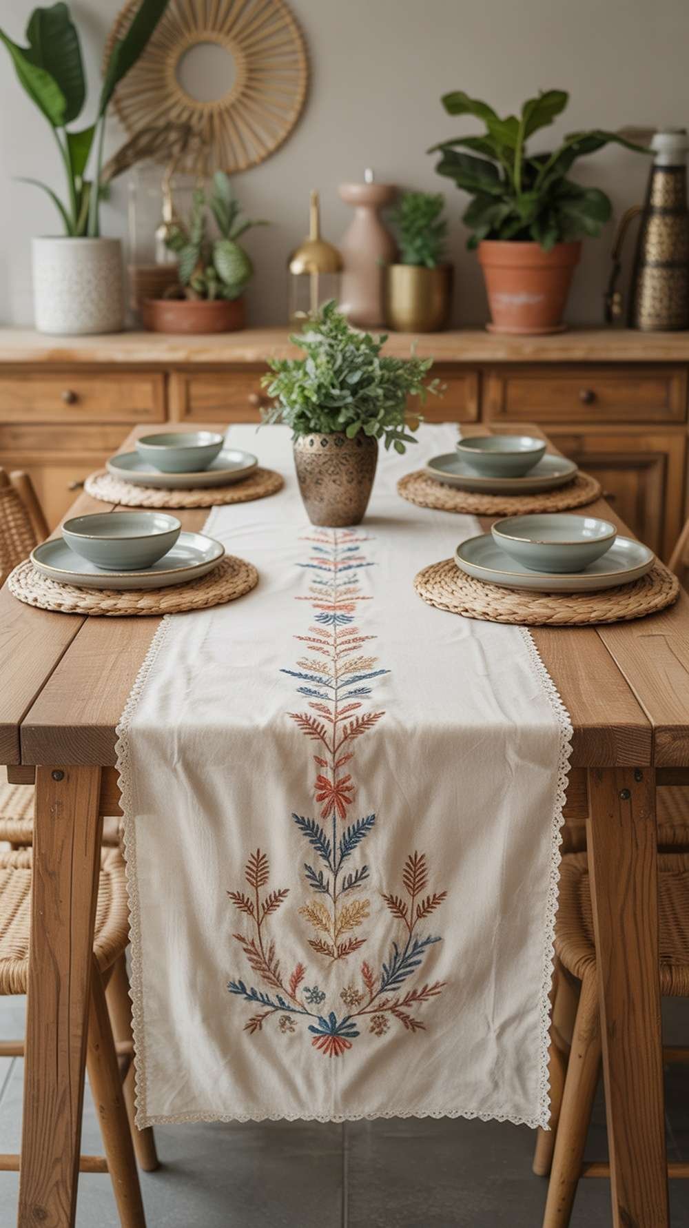 Embroidered table runner on a wooden table with plates and plants