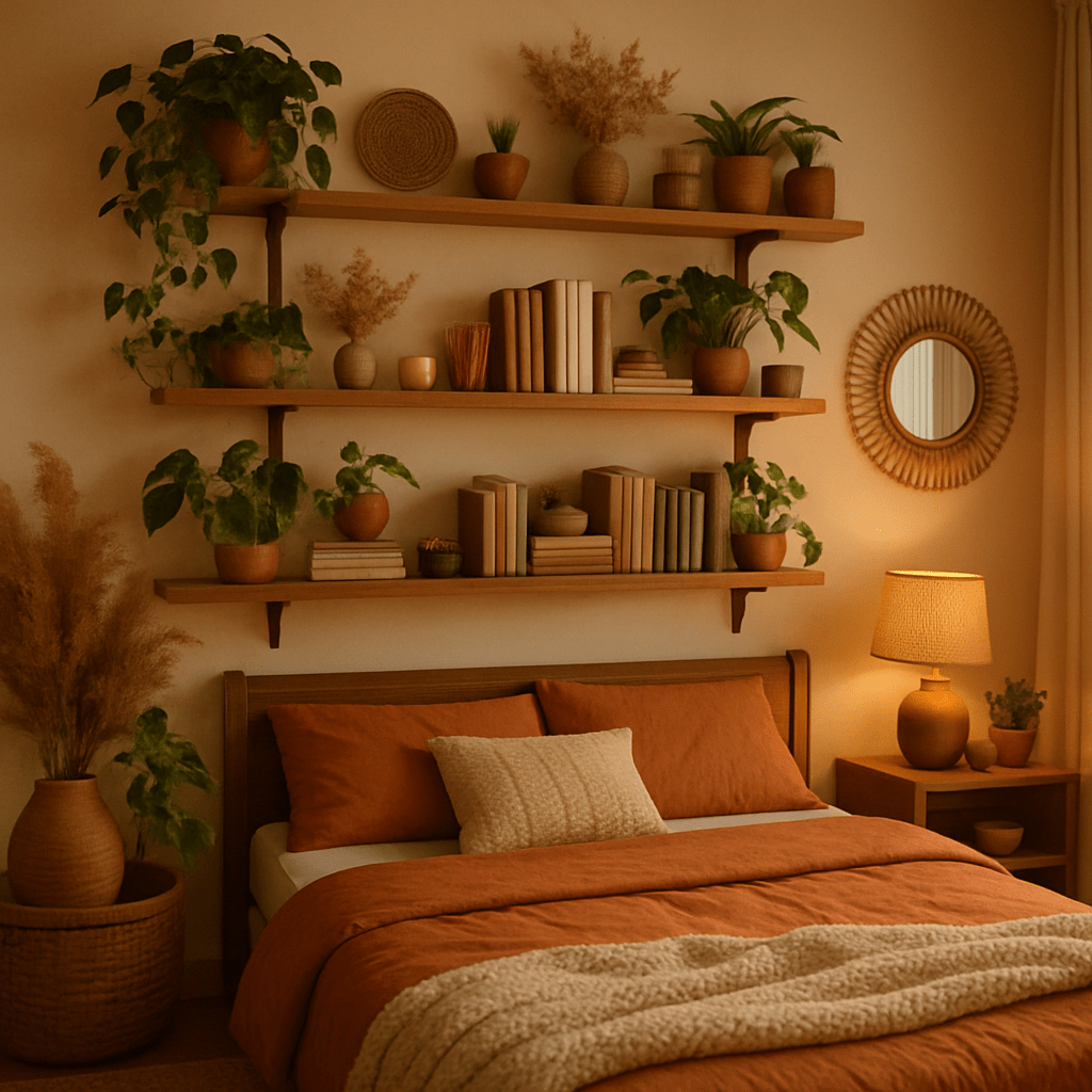 A warm bedroom with wooden shelves displaying books, plants, and decorative items, complemented by a cozy desk and soft lighting.
