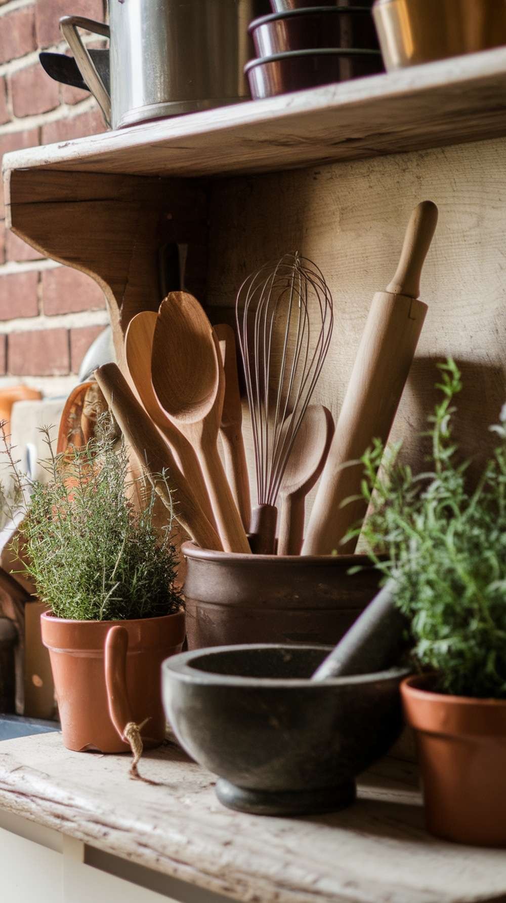 A collection of vintage wooden utensils and potted herbs on a rustic kitchen shelf.