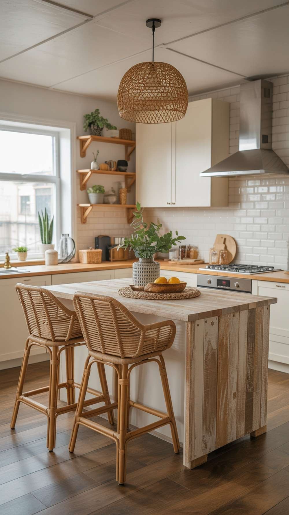 Stylish rattan kitchen stools at a rustic wooden island in a bright kitchen