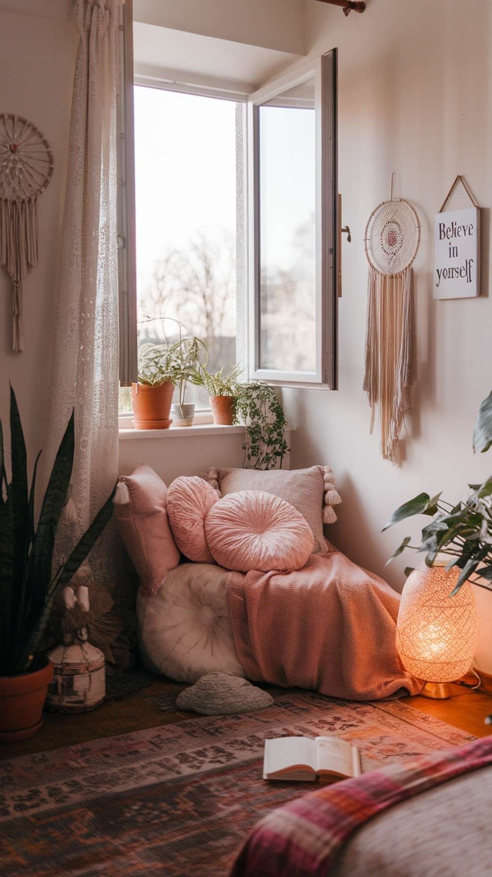 Cozy nook in a bedroom with pillows, plants, and warm lighting.
