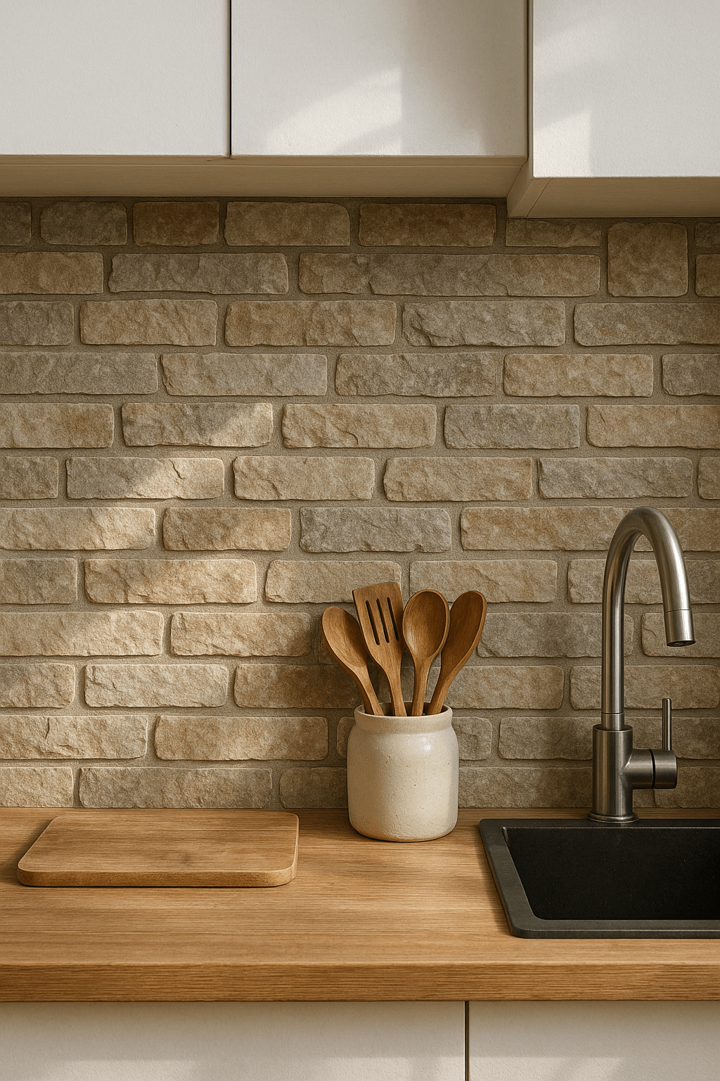 A kitchen with a textured stone backsplash, wooden countertop, and ceramic utensil holder.