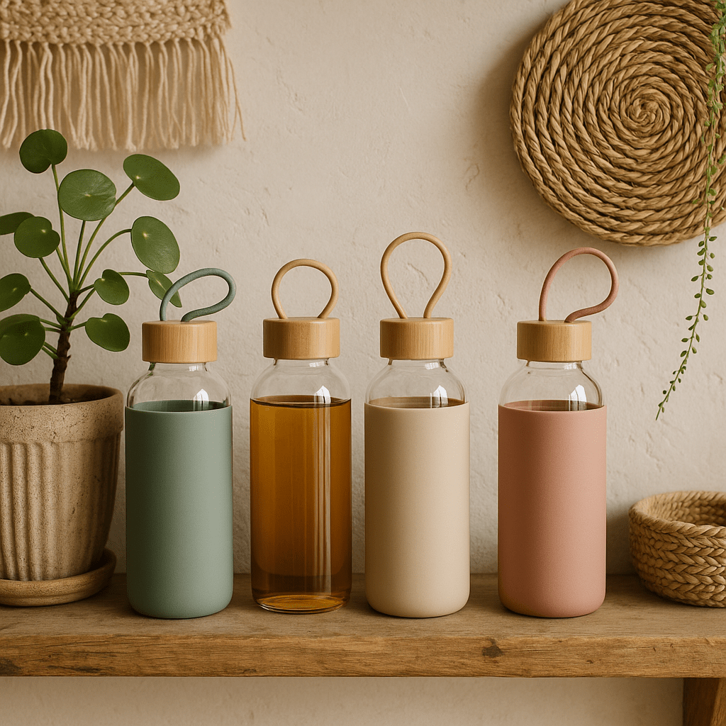 A display of pink glass water bottles on wooden shelves in a boho kitchen setting.