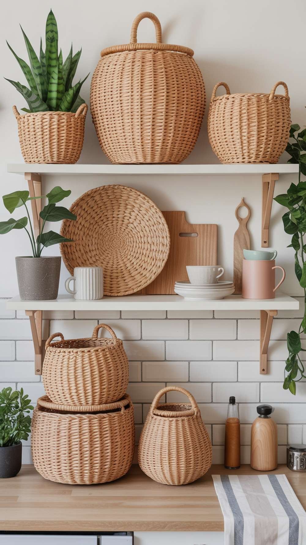 A collection of woven baskets displayed on shelves in a modern kitchen setting.