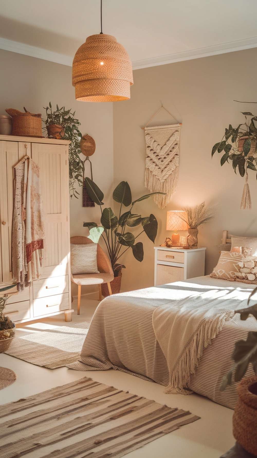 A warm bedroom with soft lighting, featuring a woven pendant lamp, plants, and cozy textiles.