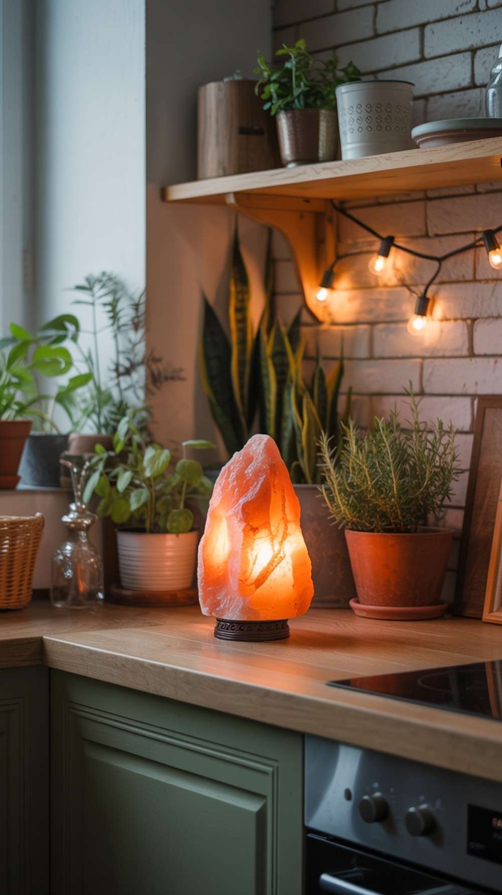 A Himalayan salt lamp glowing softly on a kitchen countertop surrounded by plants.