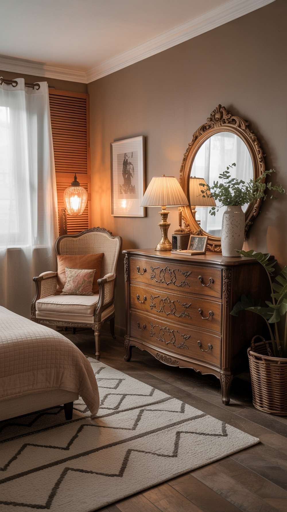 A cozy bedroom corner featuring a vintage armchair and dresser, showcasing a warm bedroom aesthetic with Bohemian decor.