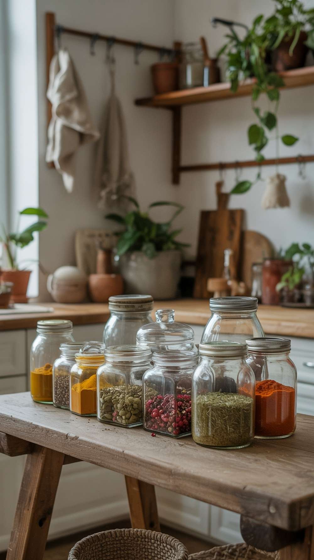 Vintage glass jars filled with spices on a rustic wooden table in a cozy kitchen setting.