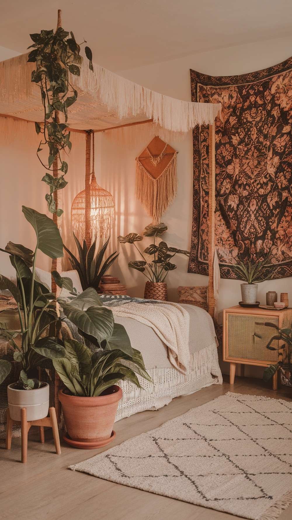 A warm bedroom with various plants, a cozy bed, and Bohemian decor elements.