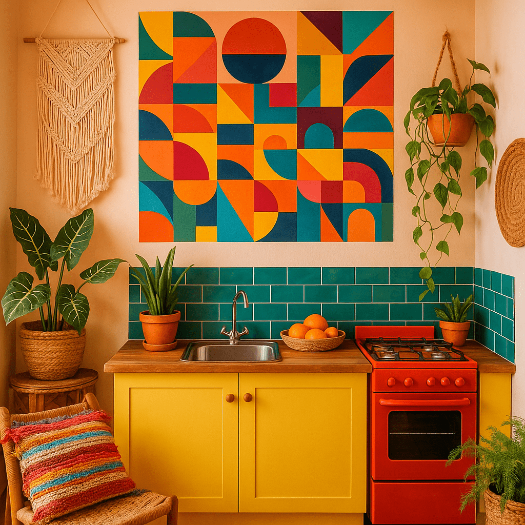 A small kitchen featuring a vibrant geometric wall art mural in bold colors.