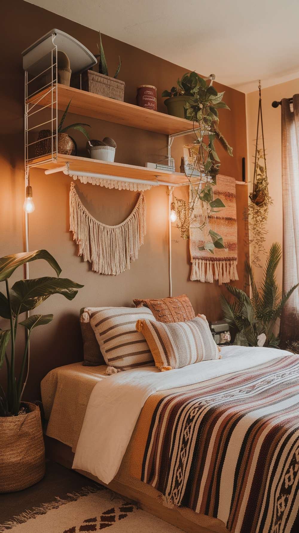 A cozy bedroom with warm tones, layered bedding, and plants, showcasing smart space utilization.
