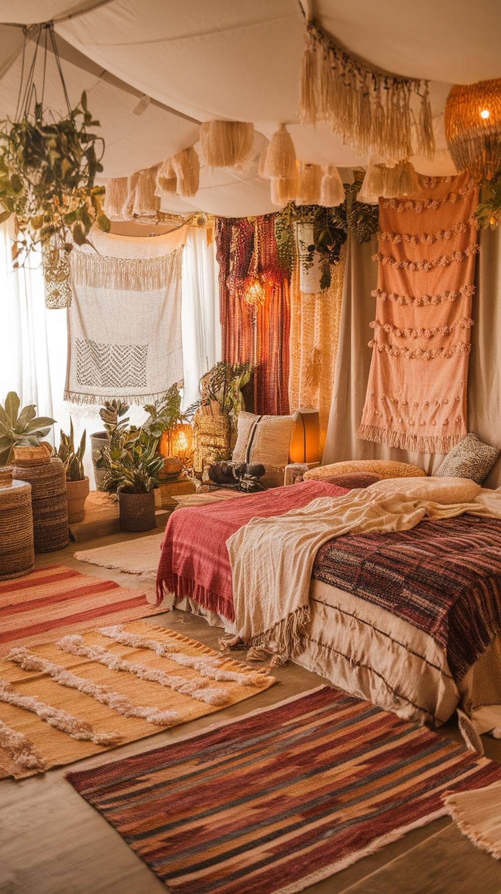 A cozy bedroom featuring colorful rugs, plants, and warm decor elements.