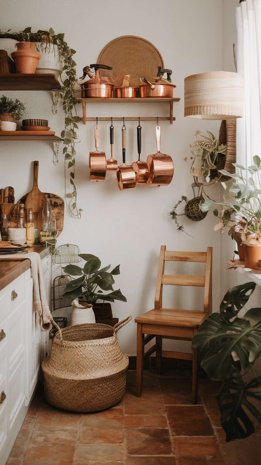 A rustic kitchen with copper cookware hanging on a shelf, plants, and wooden elements.
