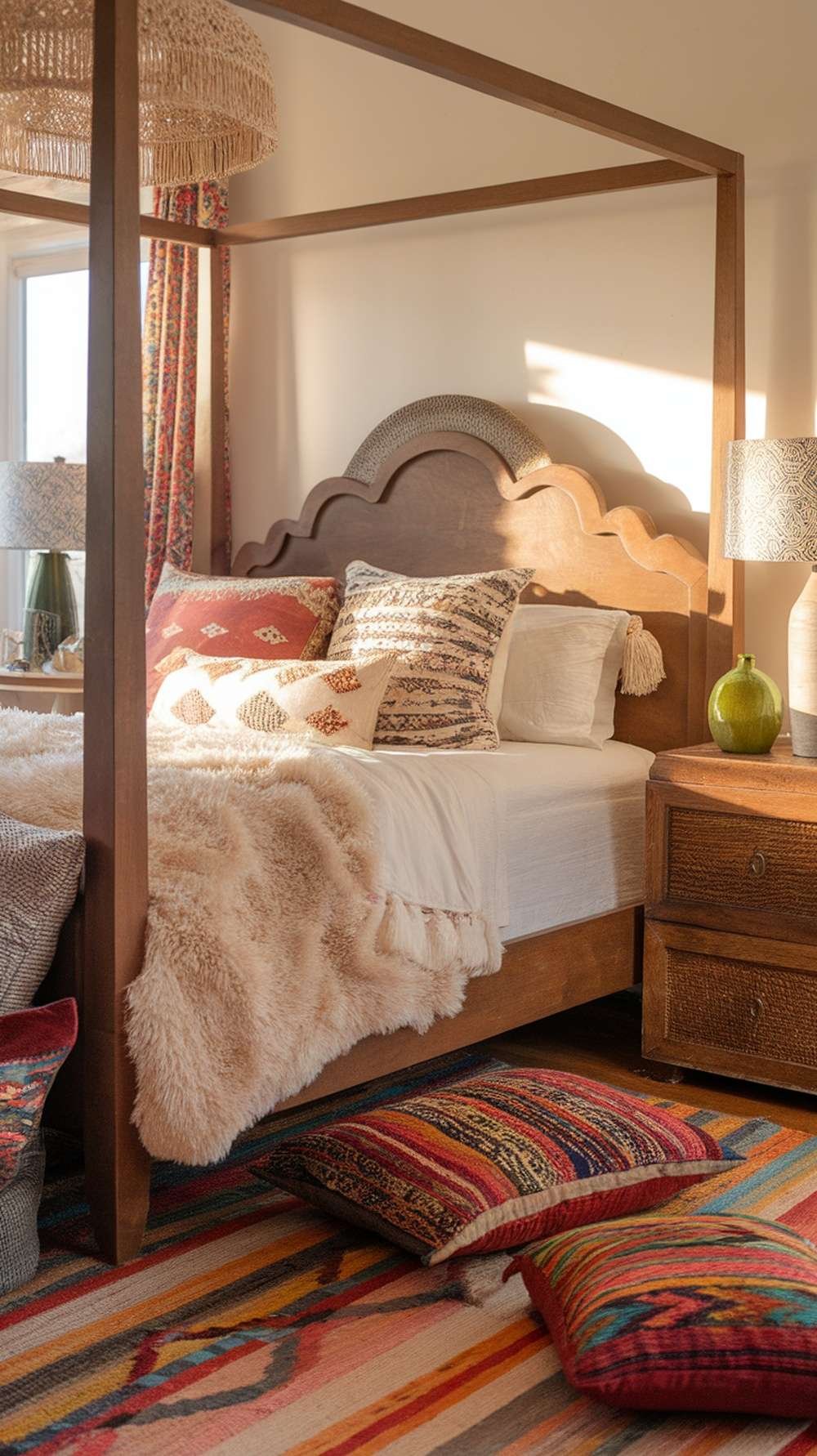 A cozy Bohemian-style bedroom corner with a wooden bed, colorful cushions, and plants.