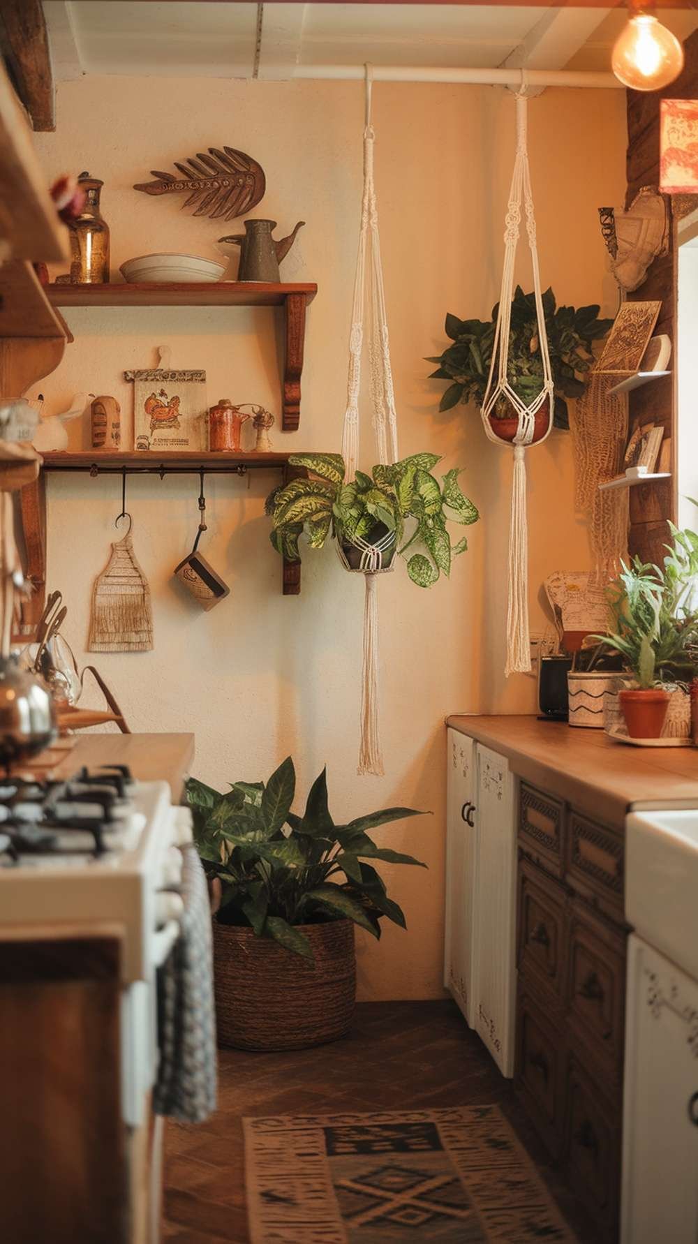 A rustic kitchen featuring macrame plant hangers with green plants, wooden shelves, and cozy decor.