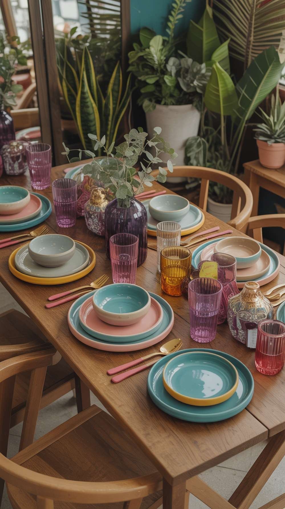 Colorful tableware set featuring various plates and glasses on a wooden table with plants in the background.