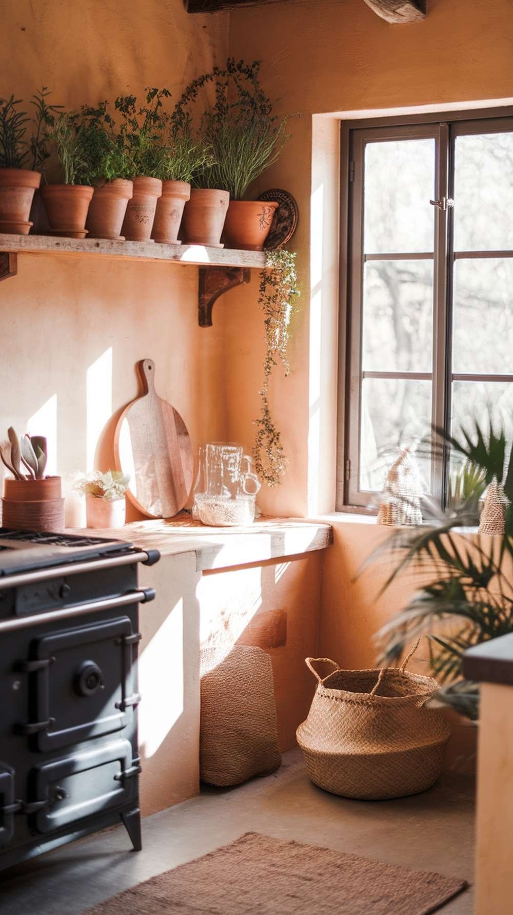 A rustic kitchen with terracotta pots filled with herbs on a wooden shelf, showcasing a warm and inviting atmosphere.
