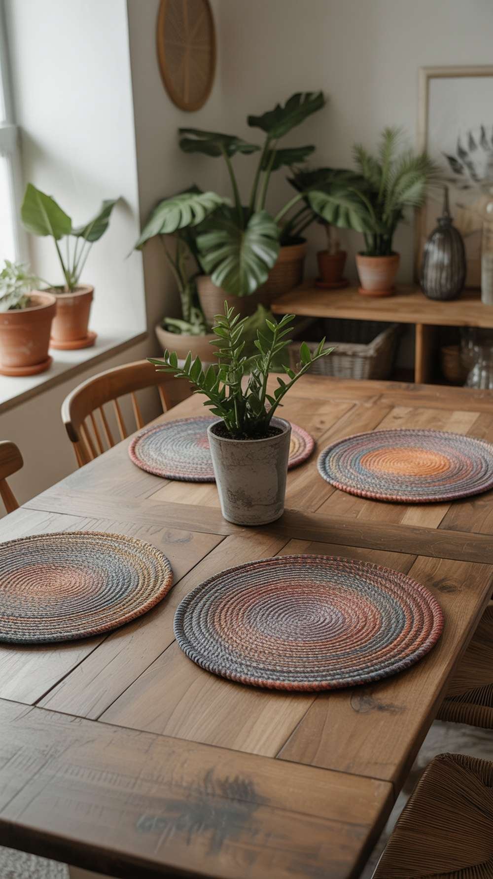 A wooden dining table with colorful handwoven table mats and a potted plant.
