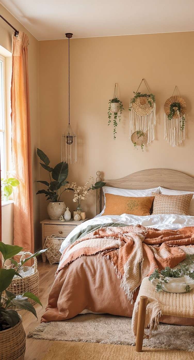 A warm bedroom with earthy color palettes featuring terracotta, olive green, and soft pink.