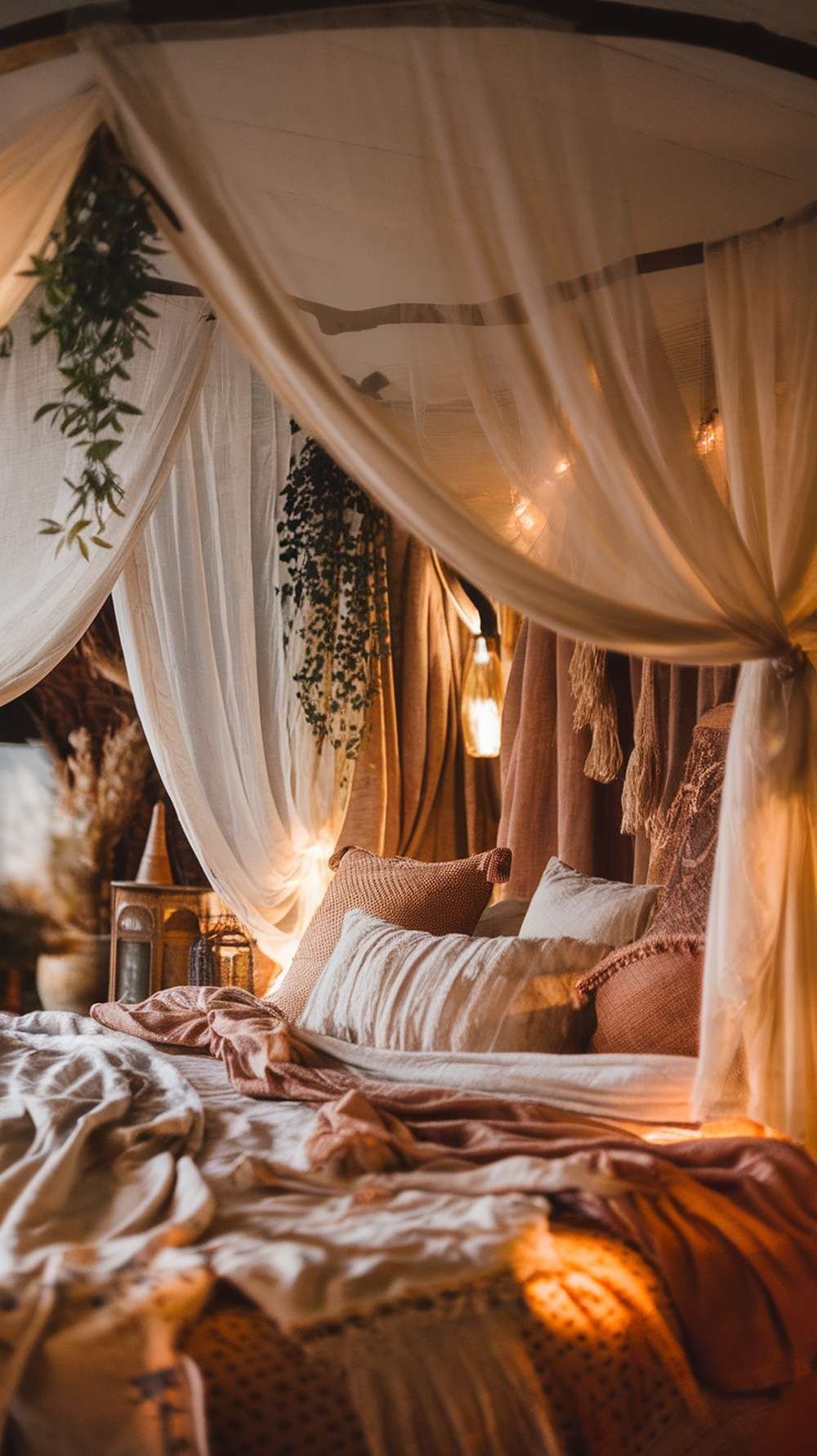 A cozy canopy bed with soft fabrics, warm tones, and hanging plants, creating a dreamy retreat.
