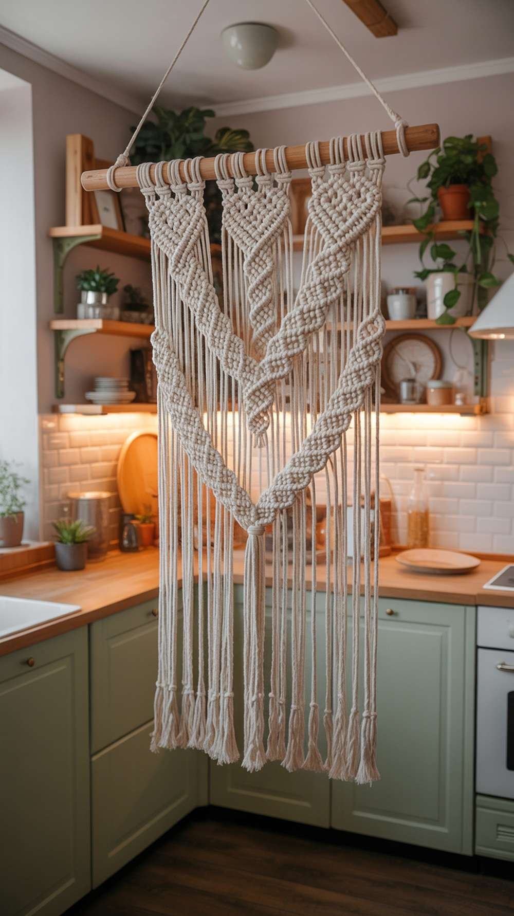 A macrame wall hanging displayed in a stylish kitchen with green cabinets and wooden countertops.