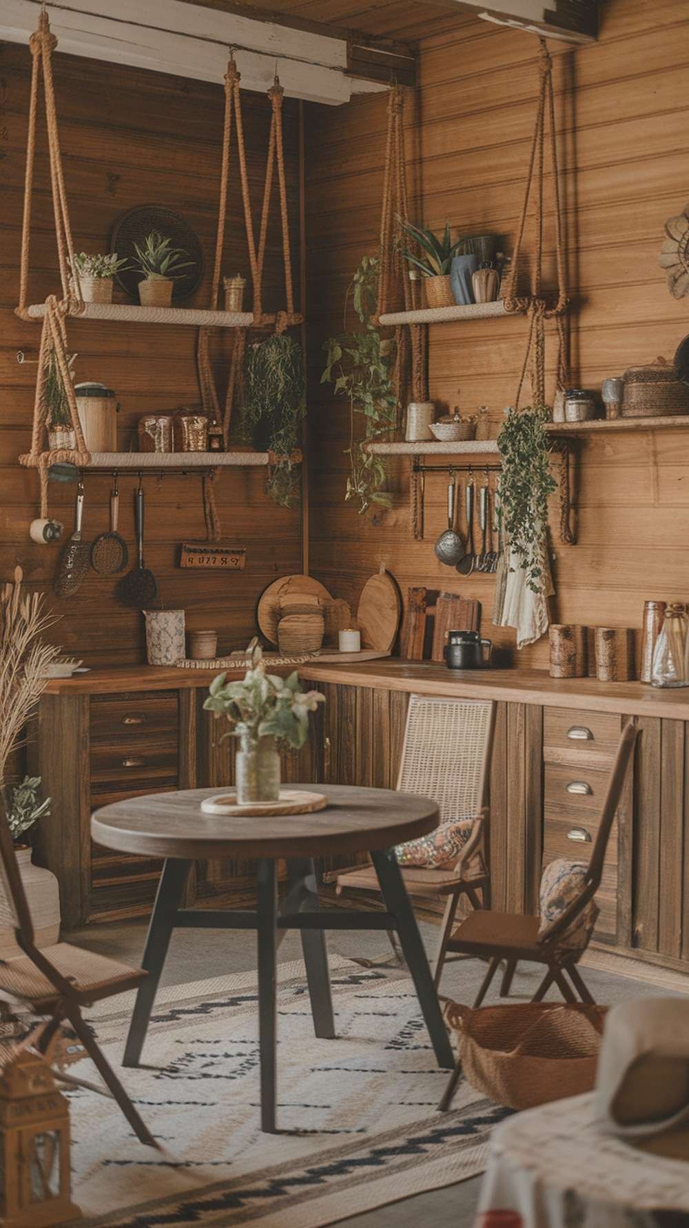 A rustic kitchen featuring hanging rope shelves with plants and kitchen items.