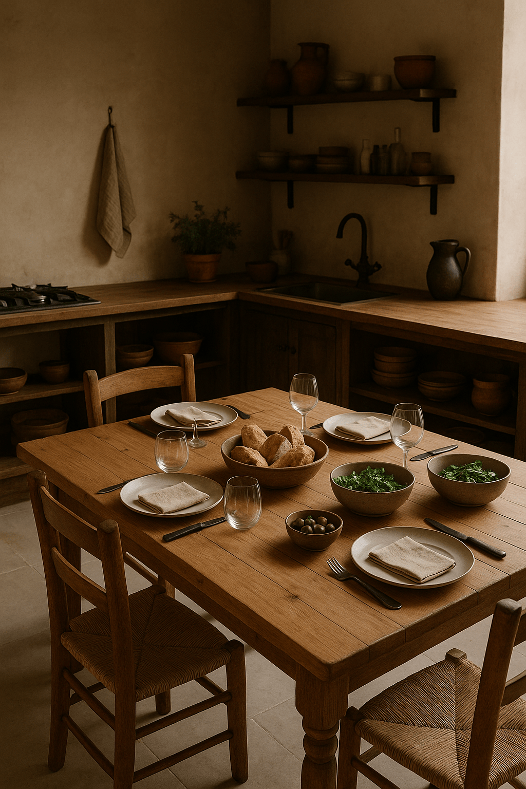A wooden dining table with a natural finish, set with plates, glasses, and bowls of food in a cozy kitchen.