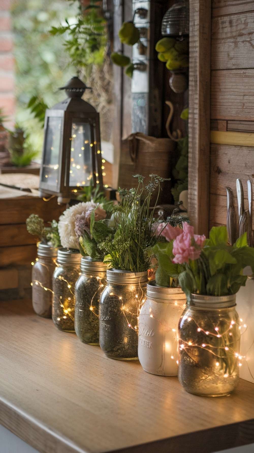 Mason jars filled with herbs and flowers, decorated with fairy lights on a kitchen counter.