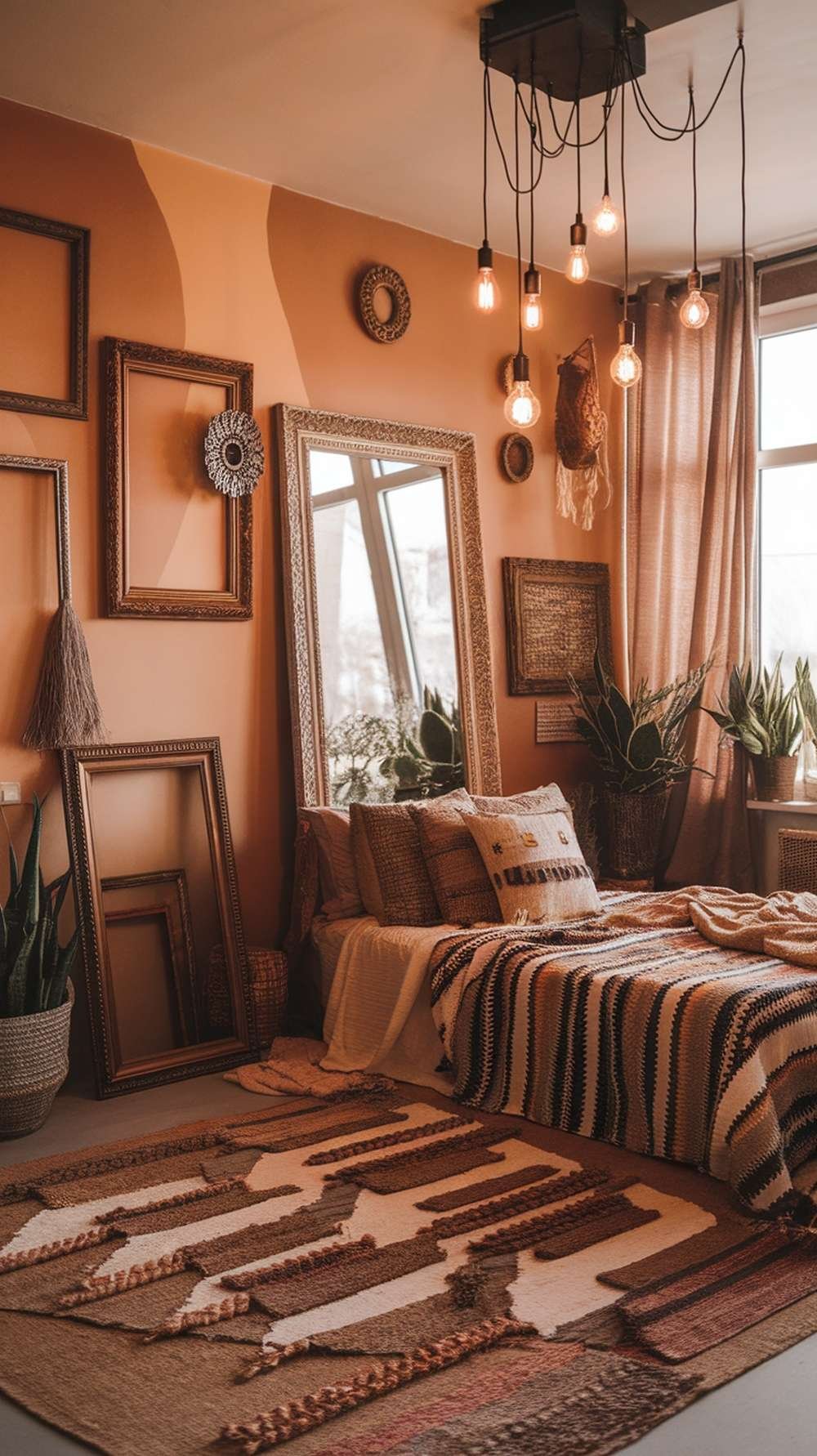 A warm bedroom with unique hanging light fixtures and Bohemian decor elements.
