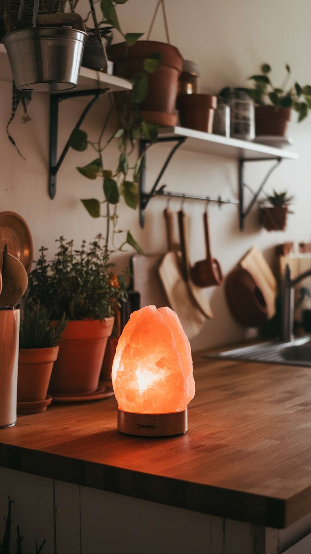 A Himalayan salt lamp glowing on a wooden kitchen countertop surrounded by plants and utensils.