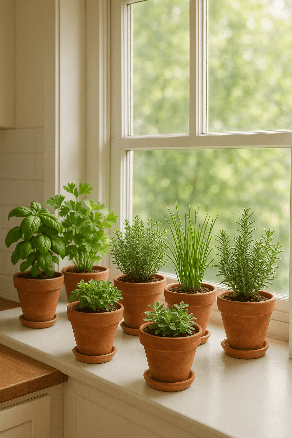 Indoor herb garden with terracotta pots on a windowsill, featuring various herbs like basil, parsley, and rosemary.