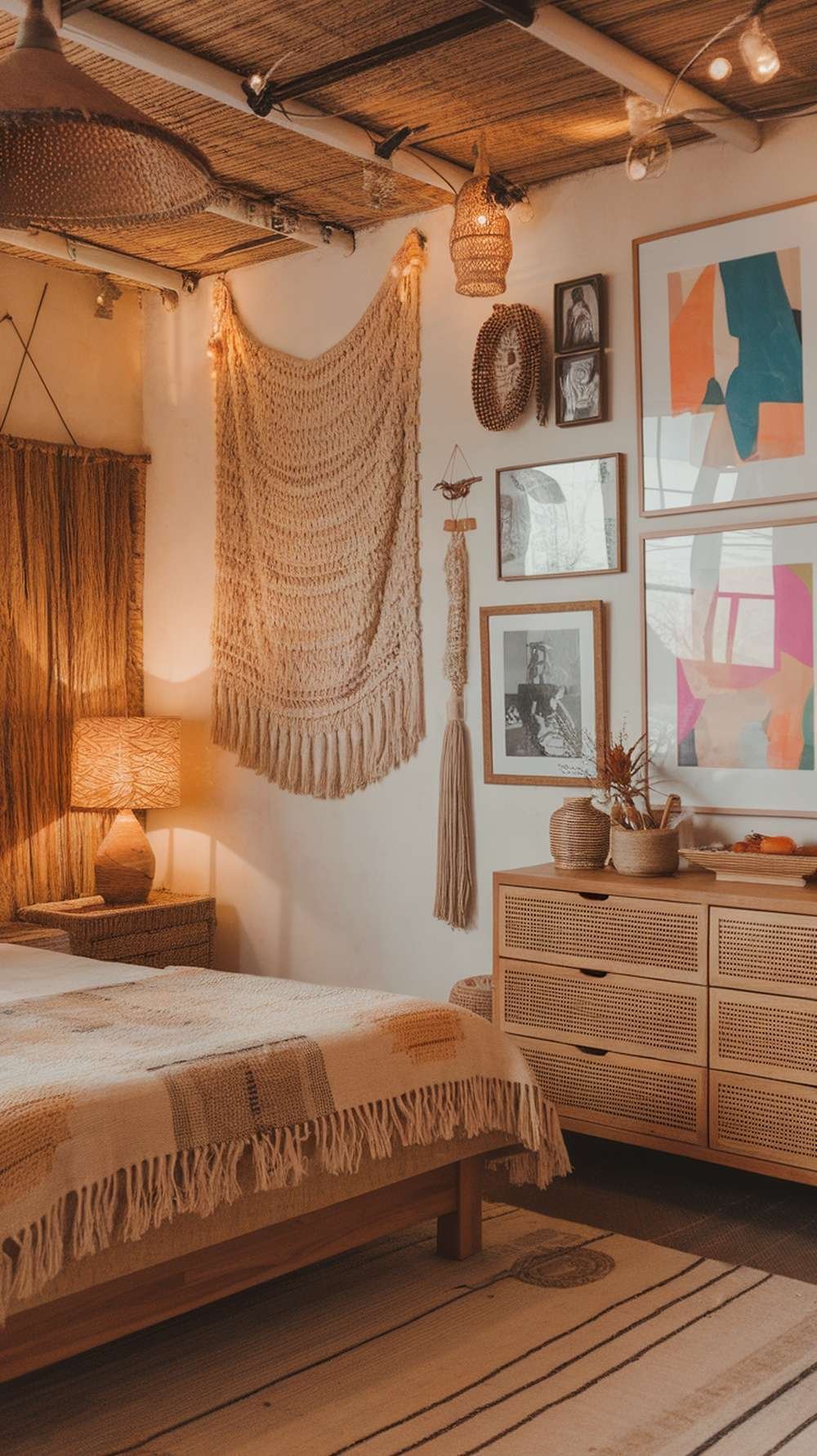 A warm bedroom aesthetic featuring artistic wall decor, including macramé hangings and colorful framed art.