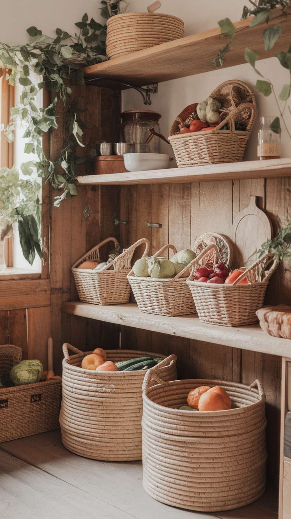 A rustic kitchen with wooden shelves displaying various rattan storage baskets filled with fruits and vegetables.