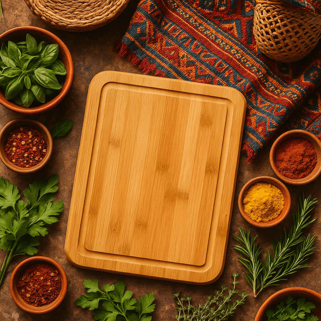A bamboo cutting board displayed in a kitchen with herbs and spices, surrounded by woven baskets and colorful textiles.