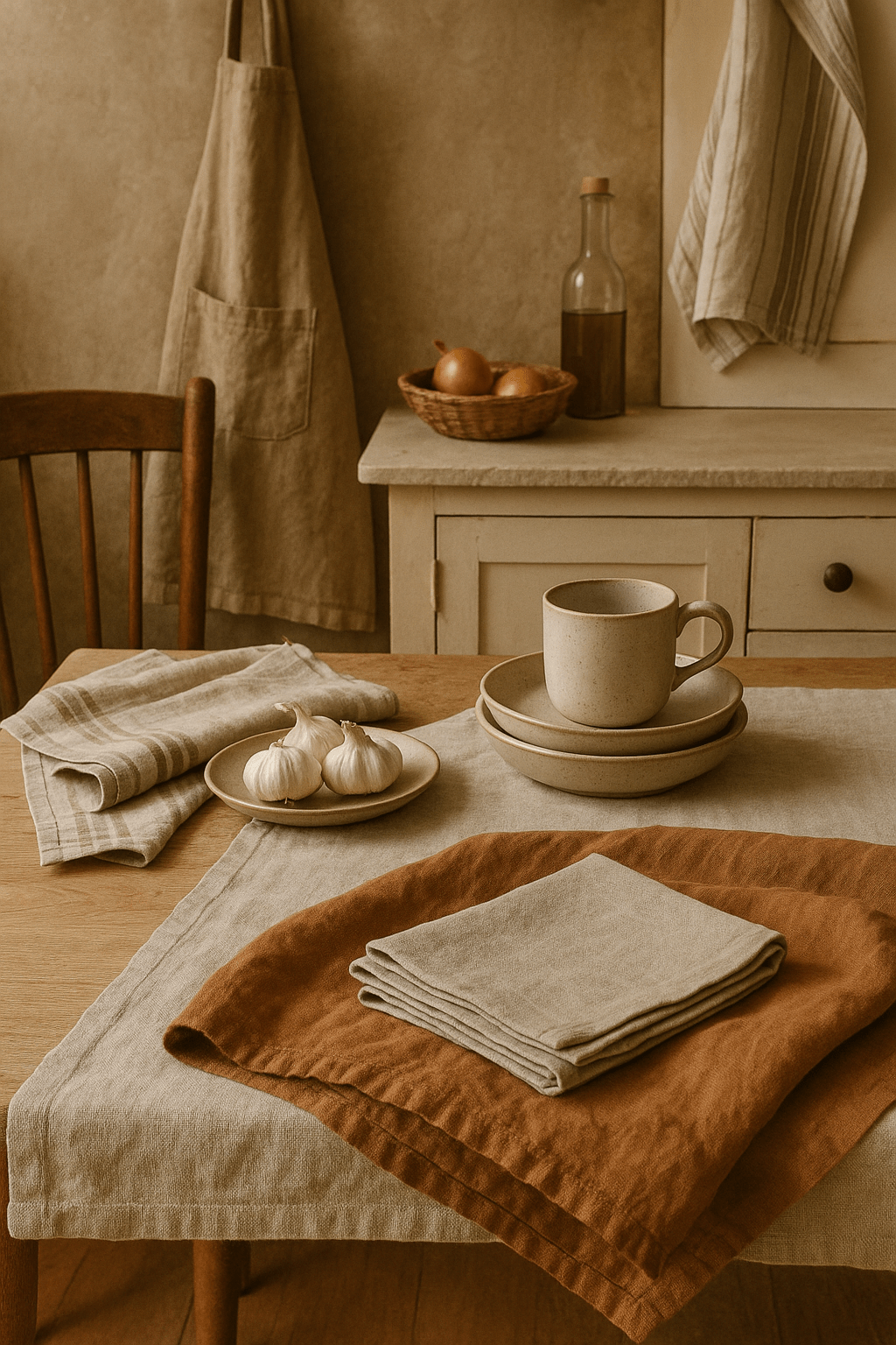 A cozy kitchen table setting featuring natural fiber textiles, including linen napkins and a tablecloth in earthy tones, with simple dishware and fresh garlic.