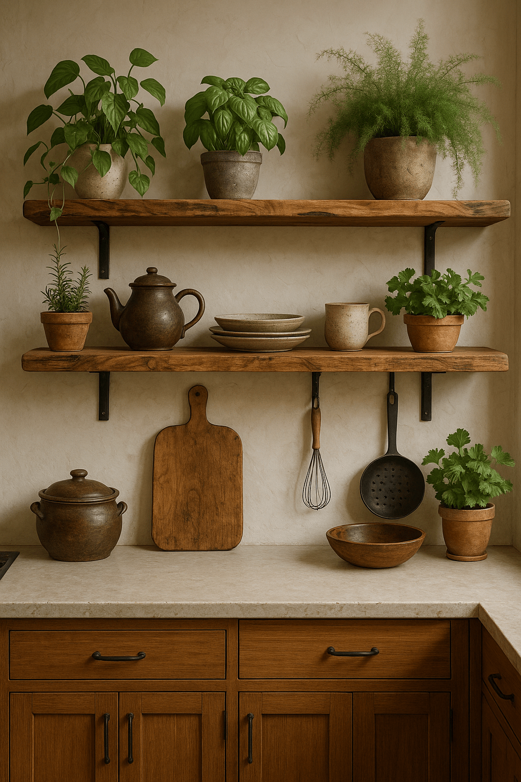 Live edge wooden shelves with plants and kitchenware