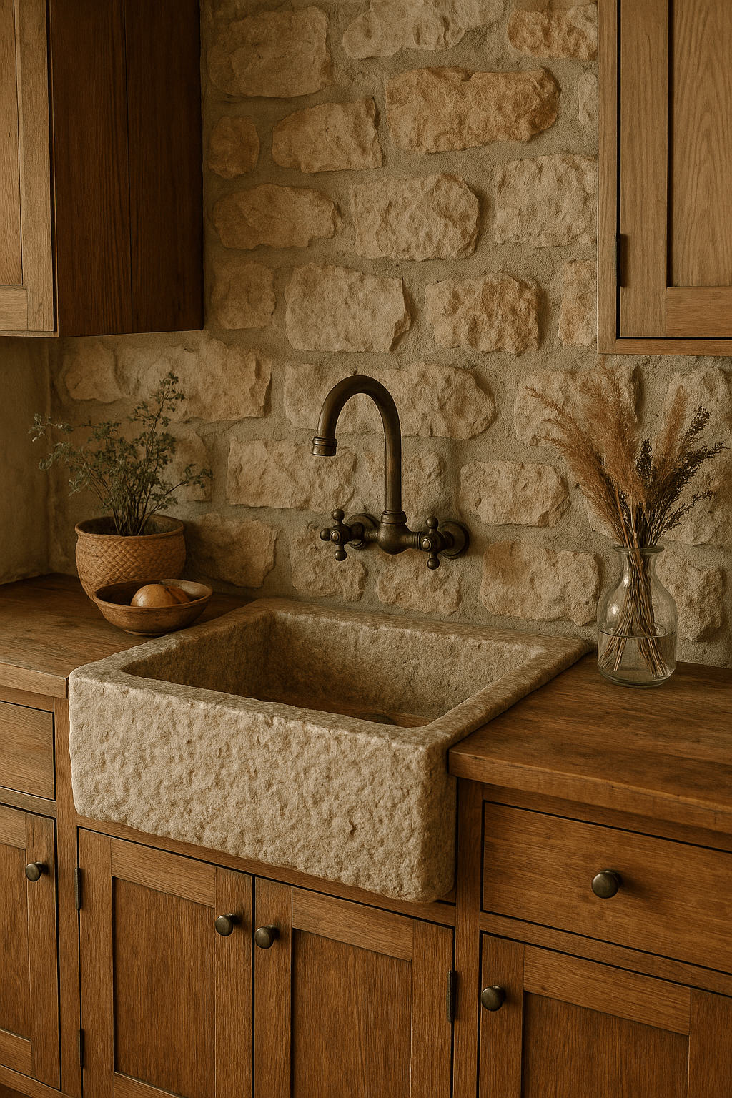 A rustic stone sink surrounded by wooden cabinetry and a stone wall, featuring natural decor elements.