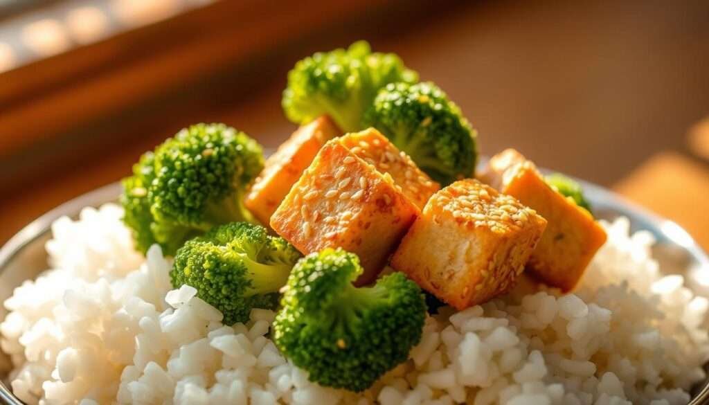 sesame tofu and broccoli over rice