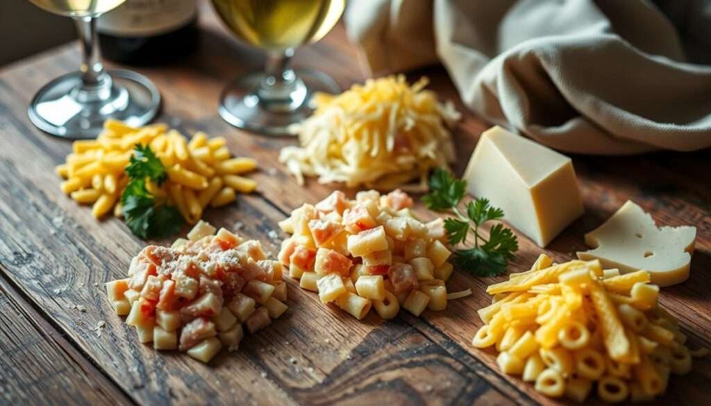 A close-up still life shot of various ingredients for coquillettes, a classic French pasta dish. On a rustic wooden table, arrange small piles of coquillette pasta, diced ham, shredded Comté cheese, a sprinkle of fresh parsley, a glass of white wine, and a linen napkin. Soft, warm lighting illuminates the scene, casting gentle shadows. The composition should be balanced and visually appealing, highlighting the simple but flavorful ingredients. Convey a sense of homemade, comforting cuisine ready to be prepared.