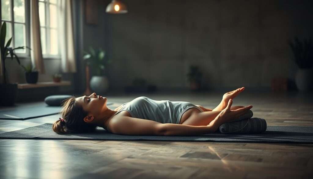 A cozy, dimly lit yoga studio. In the foreground, a woman lies on a plush, charcoal-gray mat, her body in the final resting pose of savasana. Her limbs are relaxed, palms facing up, eyes gently closed. Soft, diffused light from overhead lamps casts a warm, soothing glow, creating an atmosphere of tranquility and restoration. The background is hazy, with blurred silhouettes of potted plants and meditation cushions, emphasizing the solitude and serenity of the moment. The overall scene conveys a sense of deep relaxation, mindfulness, and the peaceful conclusion to a yoga practice.