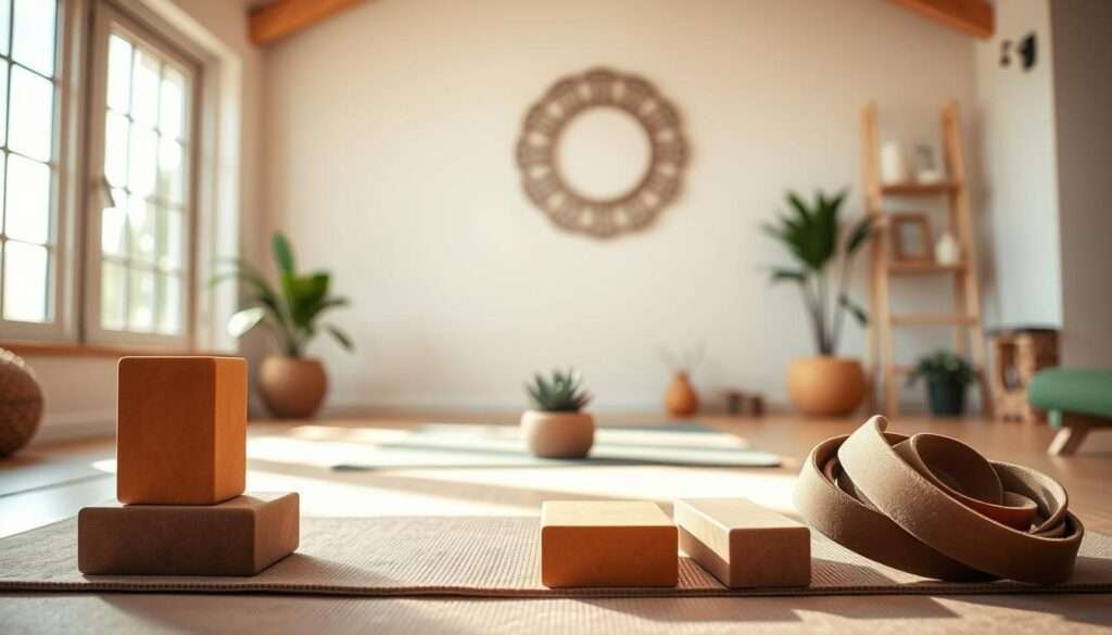 A cozy home yoga studio with warm natural lighting pouring in through large windows. In the foreground, a selection of high-quality yoga blocks and straps in earthy tones are neatly arranged on a plush mat, inviting the viewer to begin their practice. The middle ground features a calming plant life, perhaps a small potted succulent, complementing the tranquil atmosphere. The background showcases simple, minimalist decor, creating a harmonious and serene space perfect for a personalized home yoga retreat.