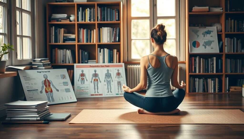 A cozy research study setting, with a wooden desk and bookshelves in the background. On the desk, a laptop, notepad, and a stack of research papers. In the foreground, a person sitting cross-legged on a yoga mat, deep in thought, surrounded by anatomical diagrams and charts illustrating the benefits of yoga for back pain relief. Soft, natural lighting filters through the windows, creating a warm, contemplative atmosphere. The overall scene conveys a sense of scientific inquiry and the integration of yoga practice into evidence-based research.