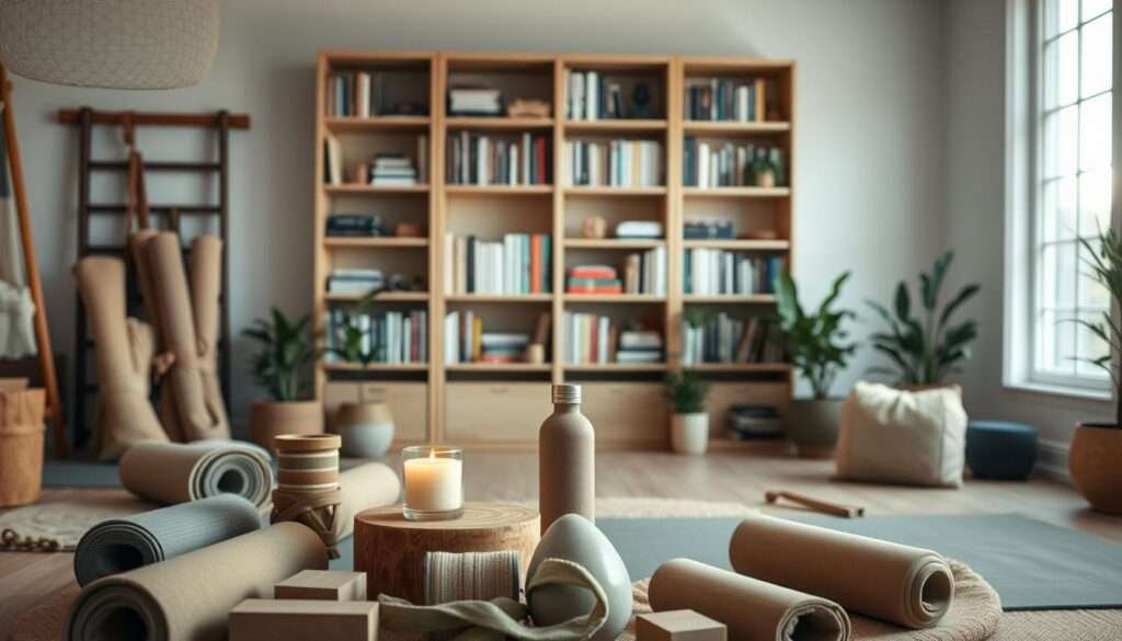 A cozy, well-lit studio space filled with an array of yoga lifestyle products. In the foreground, a collection of natural, handcrafted yoga mats, blocks, straps, and bolsters in earthy tones. In the middle ground, a minimalist wooden side table displaying a lit aromatherapy candle, a small potted plant, and a polished stone water bottle. The background features a large window with soft, diffused natural light filtering in, illuminating a neatly organized bookshelf showcasing a selection of yoga and mindfulness-themed books and magazines. The overall mood is one of tranquility, simplicity, and everyday mindfulness.
