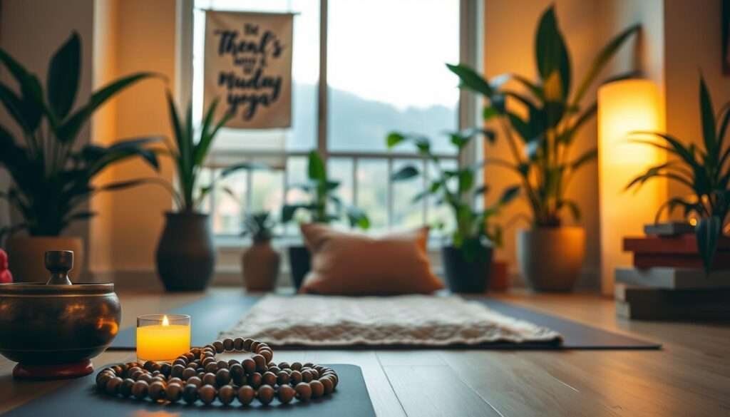 A cozy, well-lit yoga studio with warm, soft lighting casting a serene glow. In the foreground, an assortment of inspirational yoga decor items - a decorative Tibetan singing bowl, a handcrafted mala bead necklace, and a calligraphic wall hanging with an encouraging yoga quote. In the middle ground, a plush meditation cushion and a stack of yoga blocks in earthy tones. The background features lush, green potted plants and a large window overlooking a tranquil outdoor scene, creating a harmonious, nature-inspired ambiance. The overall atmosphere is calming, uplifting, and motivating, perfect for a yoga practitioner's personal retreat.