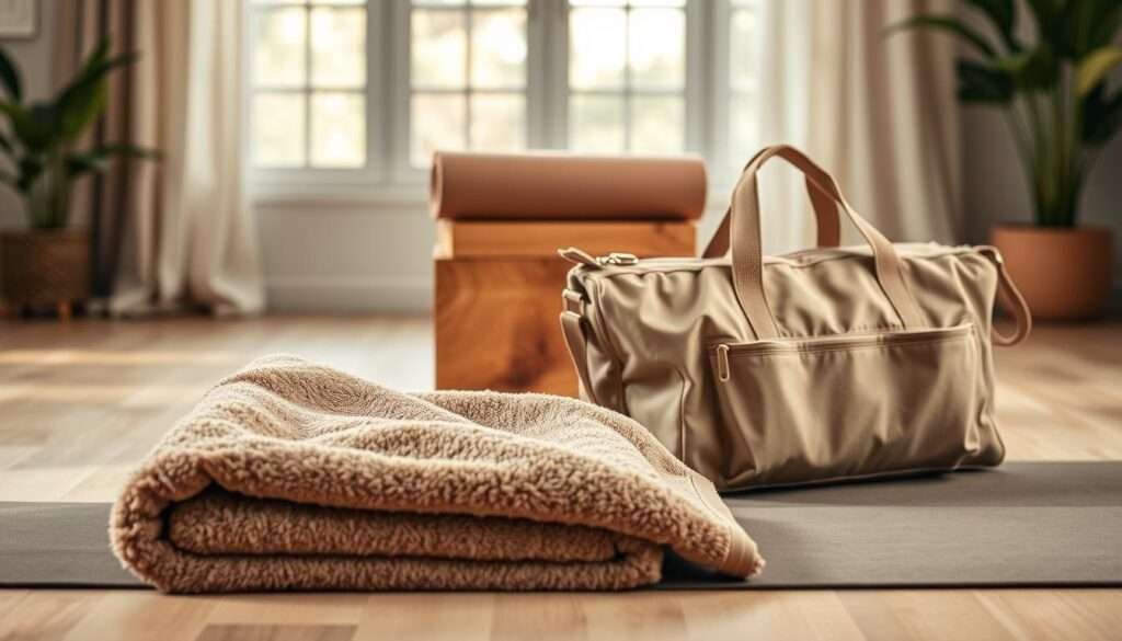 A cozy yoga studio setting with a plush, high-quality yoga towel and a stylish, versatile yoga mat bag in the foreground. The towel is a luxurious microfiber material in a serene, earthy tone, neatly folded and displayed. The bag is crafted from durable, water-resistant fabric in a neutral, on-trend color, featuring convenient pockets and straps for easy transport. In the middle ground, a neatly rolled yoga mat in a complementary hue rests atop a minimalist, wooden yoga block. The background is softly lit, with a hint of natural light filtering through a large window, creating a warm, inviting atmosphere. The overall scene conveys a sense of thoughtful, practical yoga accessories that enhance the practice and lifestyle of the yoga enthusiast.