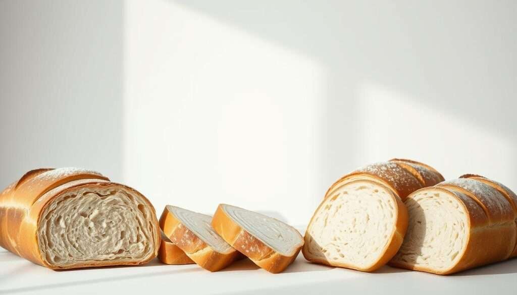 A delicate and artfully arranged composition showcasing a selection of freshly sliced French sandwich bread known as "pain de mie" or "tranches pain mie". The loaves are presented against a clean, minimalist backdrop, illuminated by soft, natural lighting that casts gentle shadows, emphasizing the texture and crumb structure of the bread. The arrangement is carefully balanced, with the slices positioned to create a visually appealing and symmetrical display. The overall mood is one of simplicity, quality, and attention to detail, reflecting the theme of "Outils, préparation et ingrédients exacts pour un résultat parfait".
